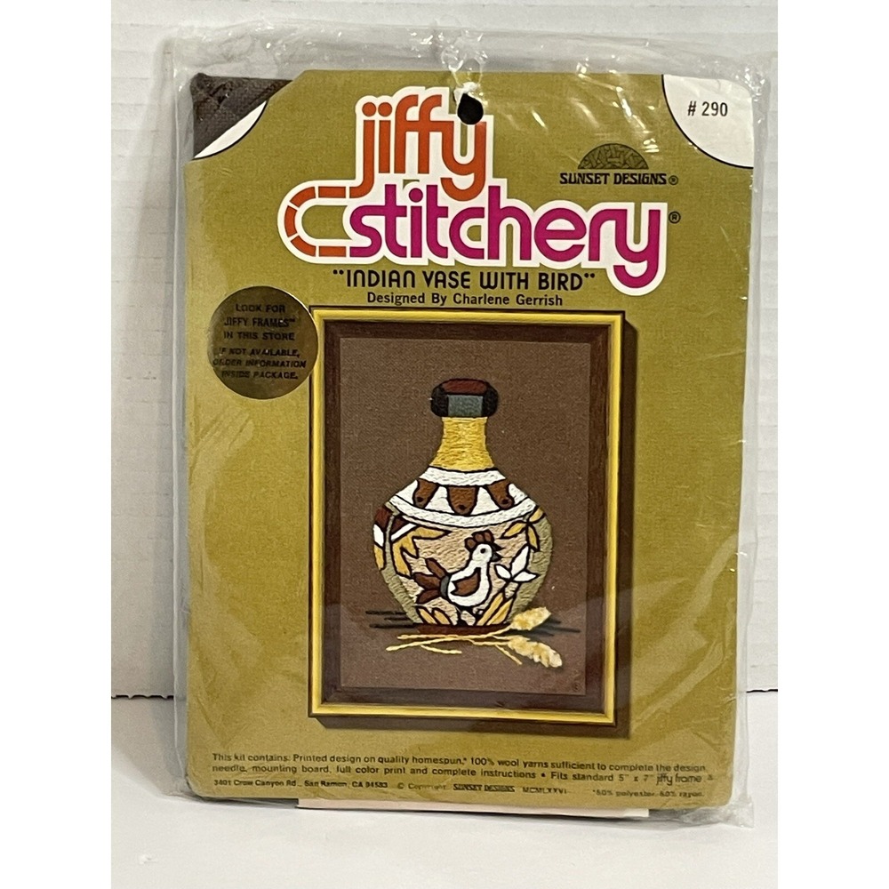 JIFFY Stitchery kit - INDIAN VASE WITH BIRD- 5" x 7" #290 Vintage Needlepoint
